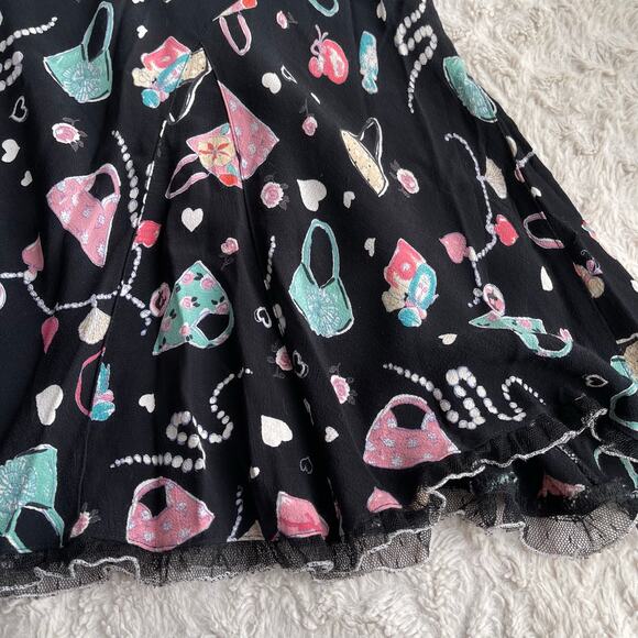 Vintage 90s Y2K handbag heart print midi slip dress ruffle trim bias cut fairy L - Picture 7 of 14